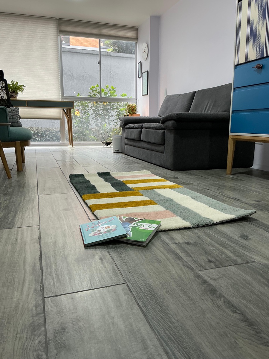 Espacio de juego con libros y tapete colorido