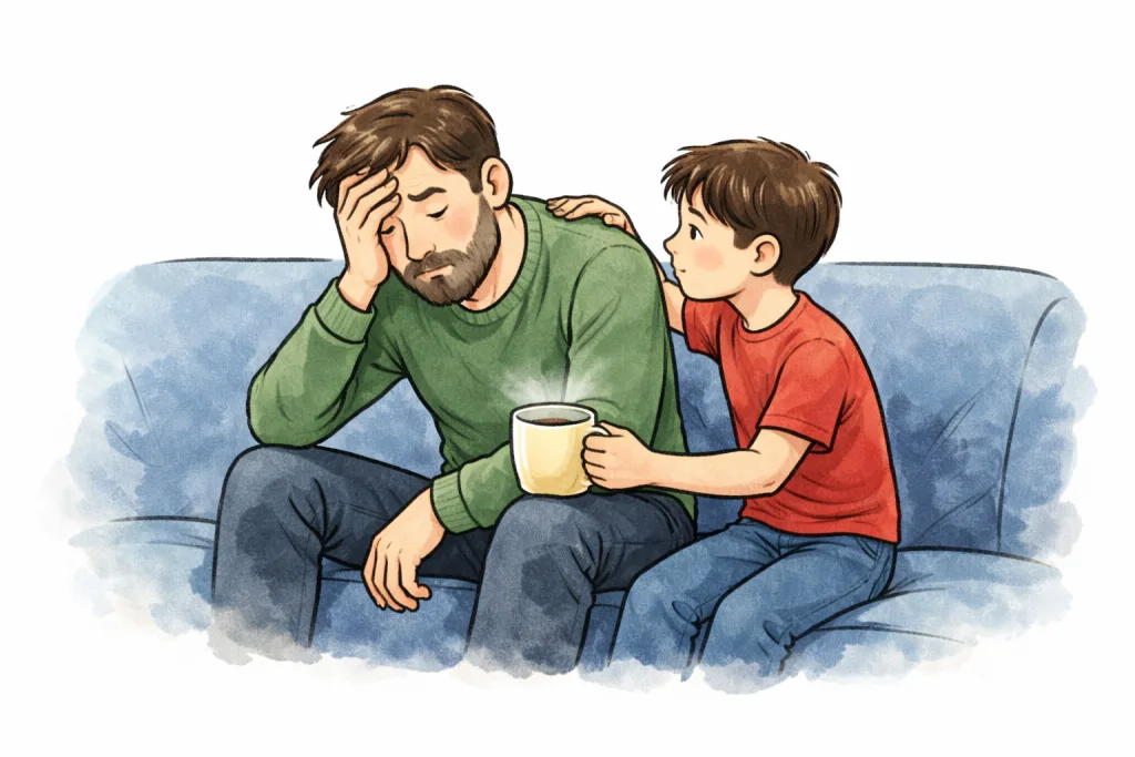 Ilustración sobre un niño que asume el cuidado emocional de un adulto